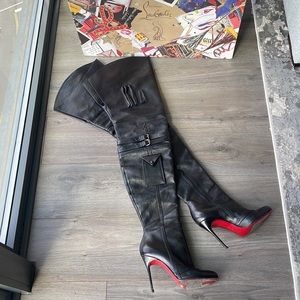 Christian louboutin black leather thigh high boots 39